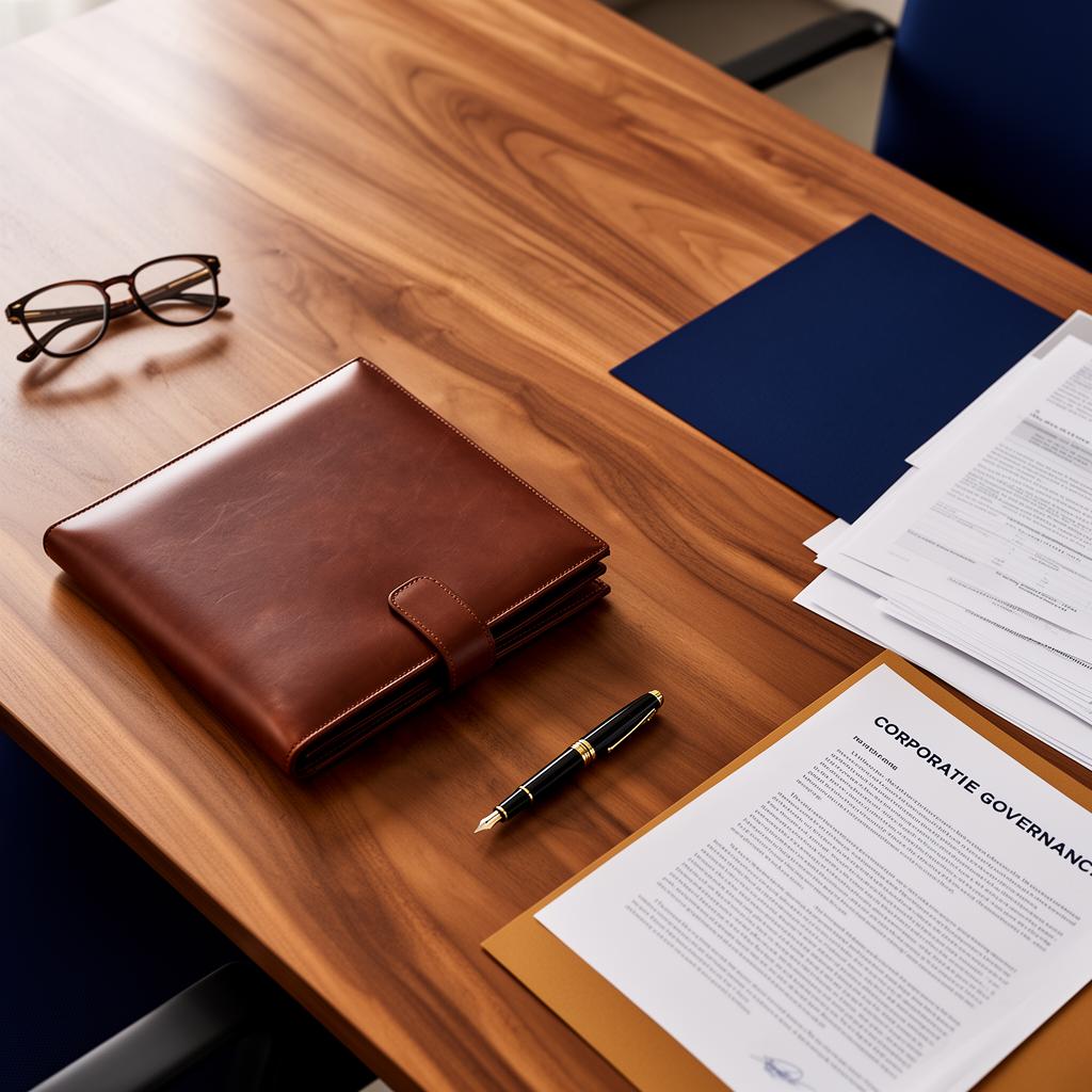 Boardroom desk with governance documents